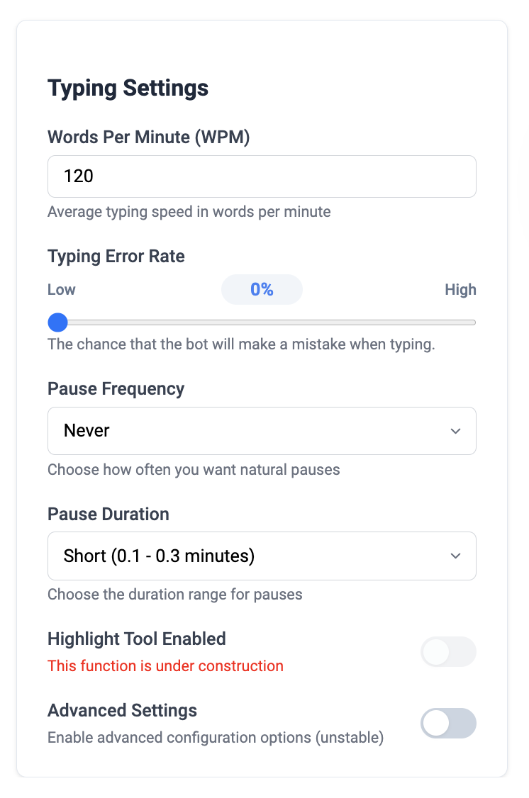 Write It typing speed and error rate controls